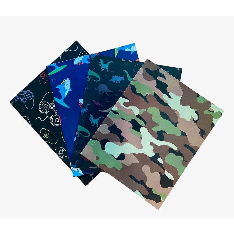 Back to School 4-Pack Pocket Folders with Fun Gaming, Sharks, Dinosaur & Camo Designs