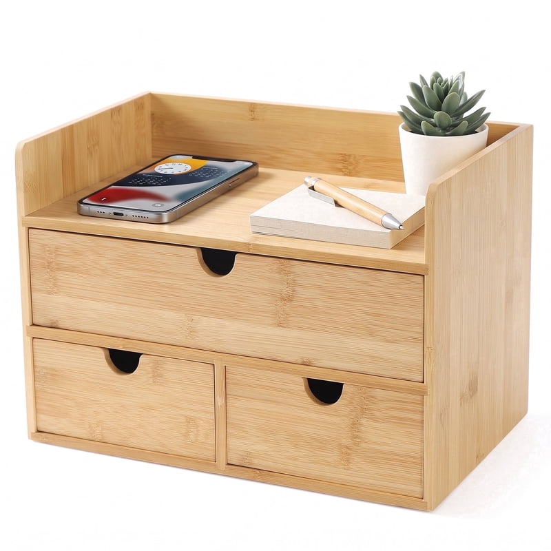 Bamboo Desk Organizer with 3 or 2 Drawers for Office Supplies & Makeup Accessories