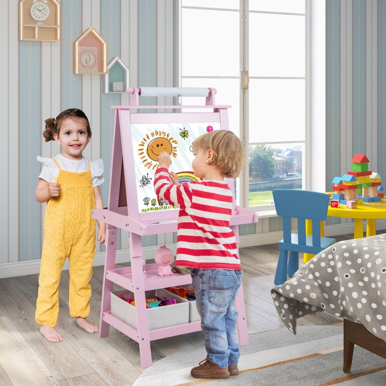 Kids Art Easel with Drawing Board & Paper Roll - 3-in-1 Double-Sided Craft Station for Study & Play