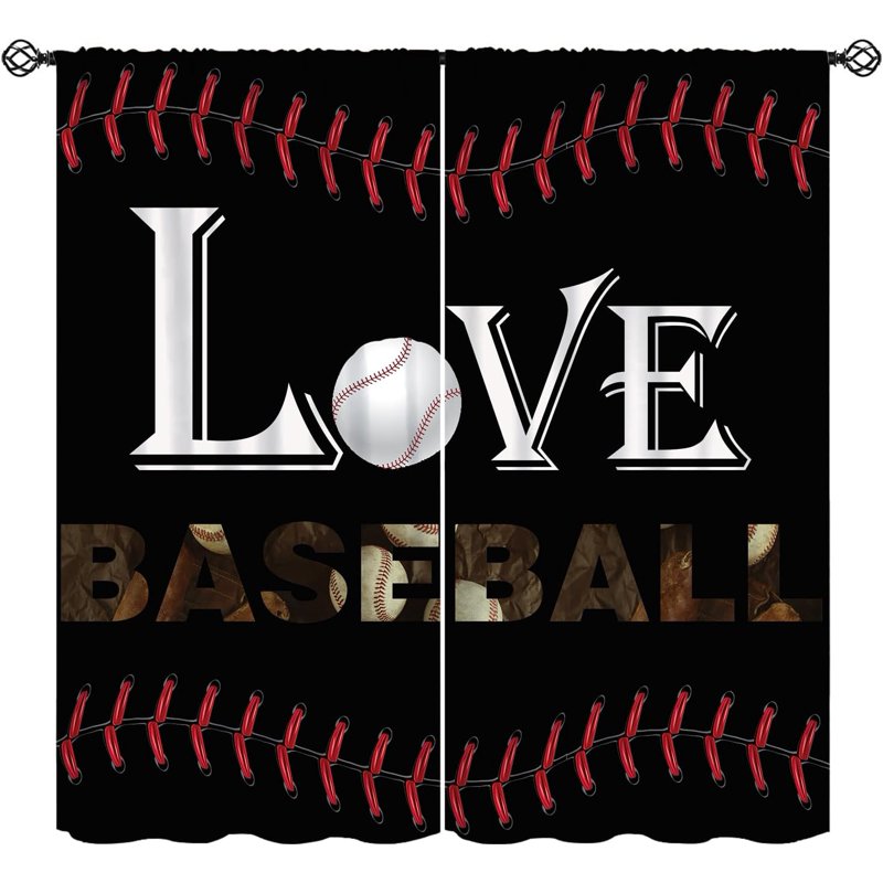 Sports-Themed Black and White Baseball Curtain Sets - Window Treatments for Kids' Bedroom and Living Room