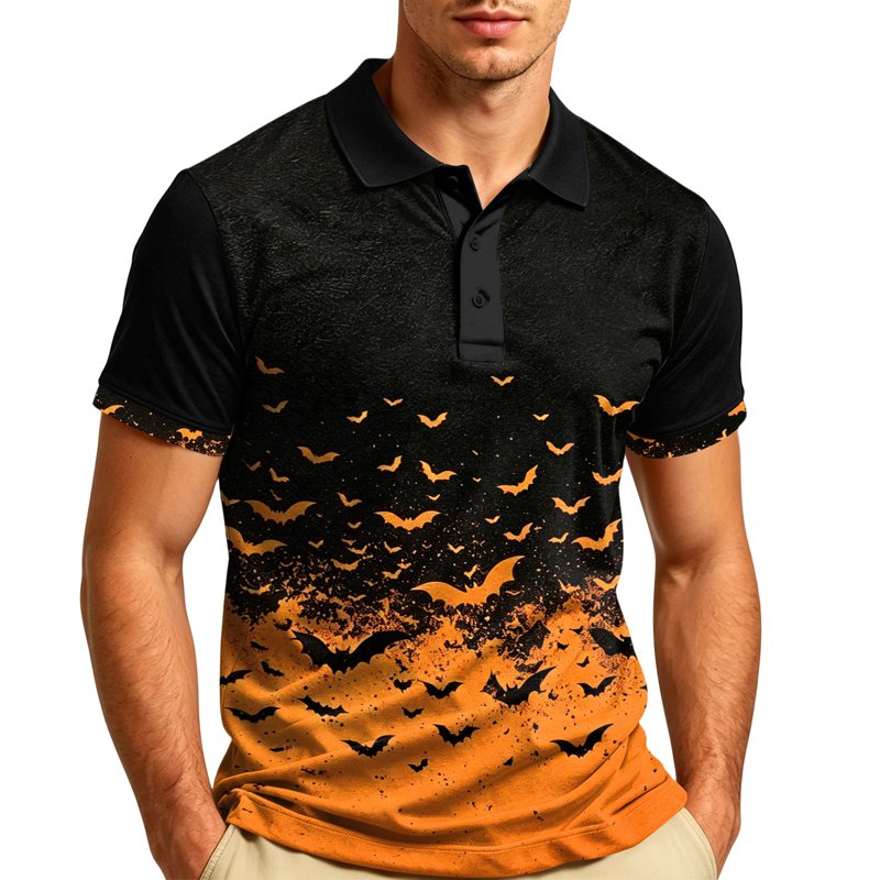 Men's Halloween Bat Print Polo Shirt Short Sleeve Casual Collared Top