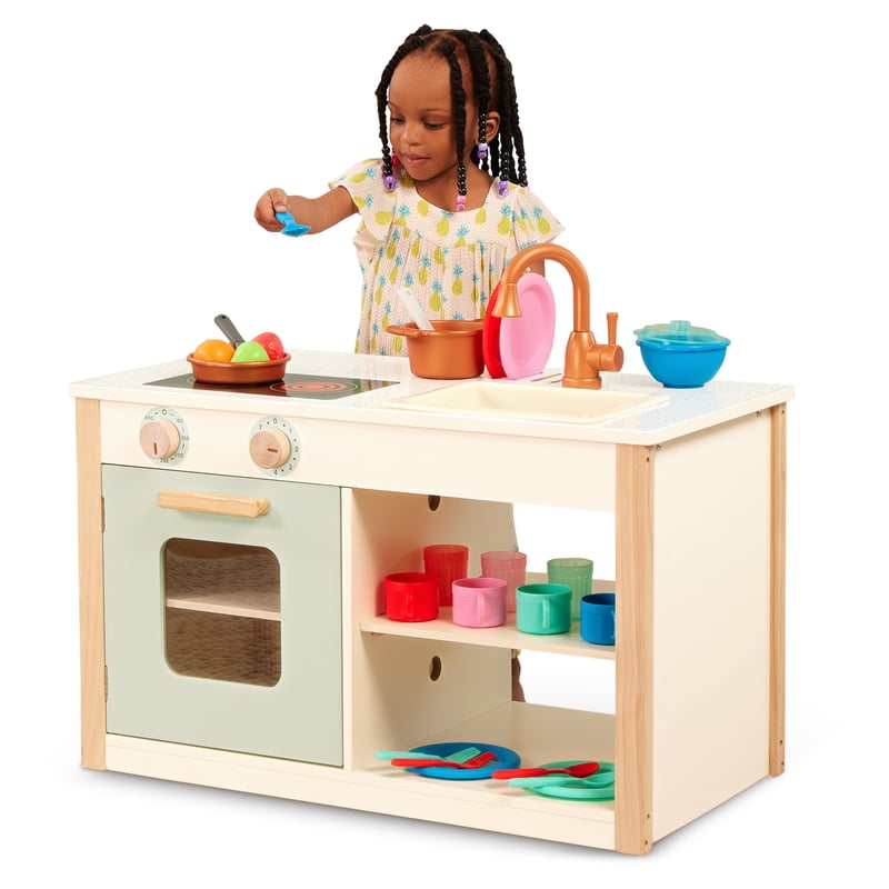 Wooden Kitchen Playset with Chalkboard and Accessories - Toddler Pretend Cooking & Café Set
