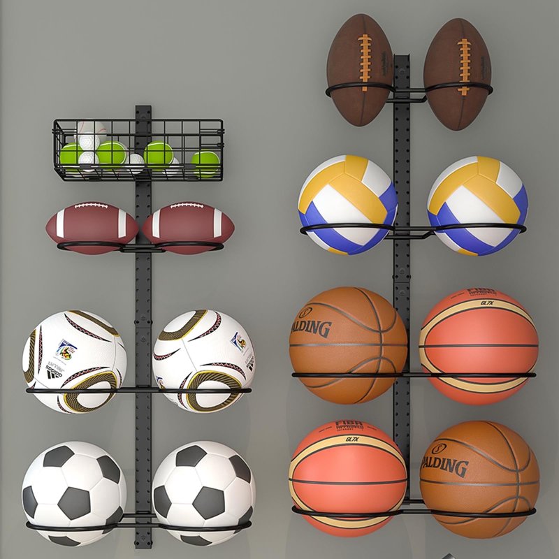 Wall-Mounted & Floor Standing Sports Ball Rack Organizer with Adjustable Hooks