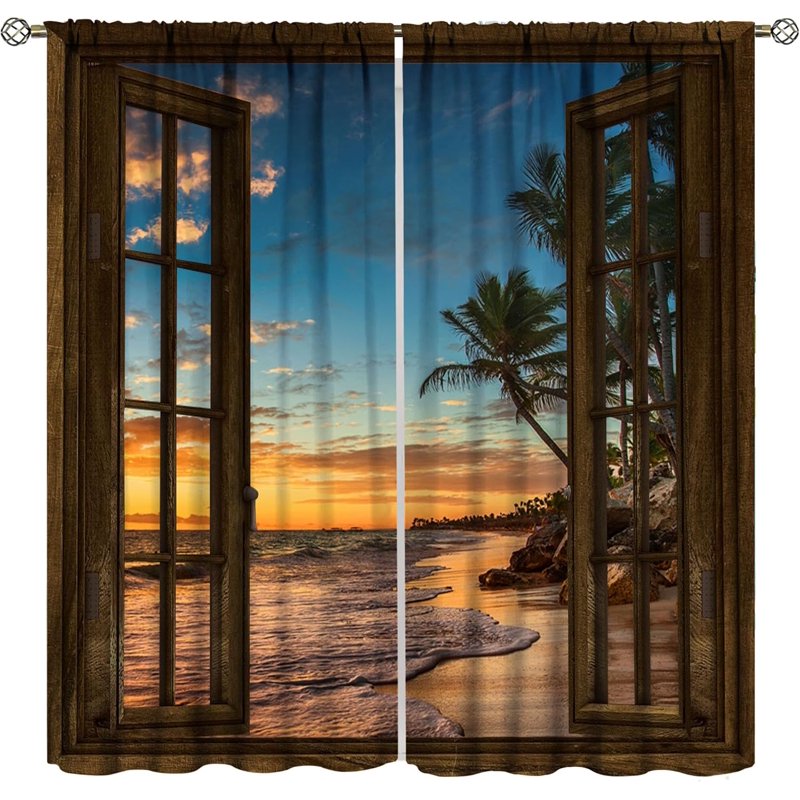 Beach Curtain Set for Windows - Sunset Print, Blackout, Rod Pocket, 2 Panels