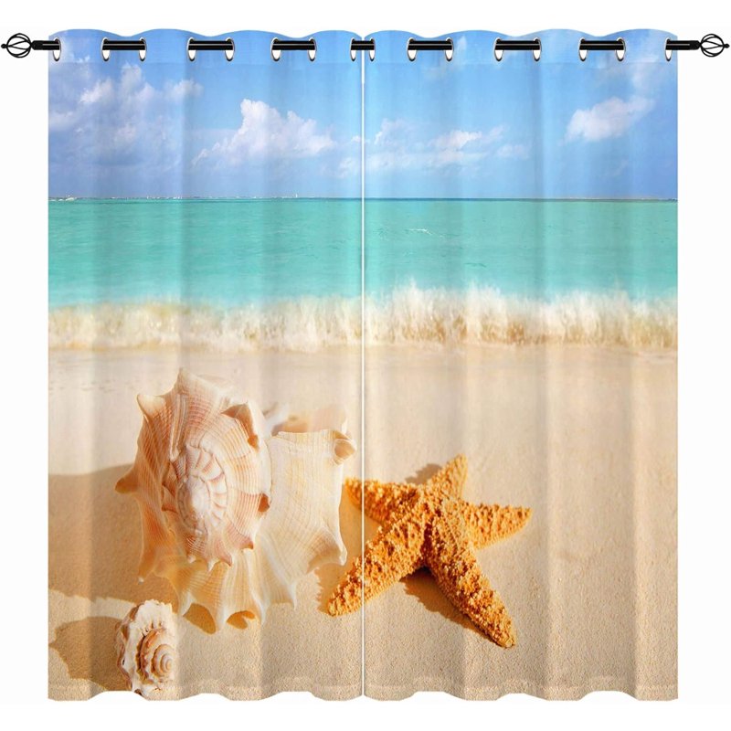 Beach Curtain Set - Tropical Ocean Sea Waves Starfish Shells Waterproof Window Drapes
