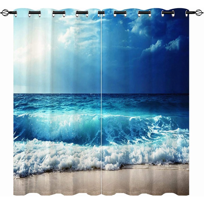 Beach Theme Window Curtains - Ocean Tropical Sea Waves Print Waterproof Grommet Drapes