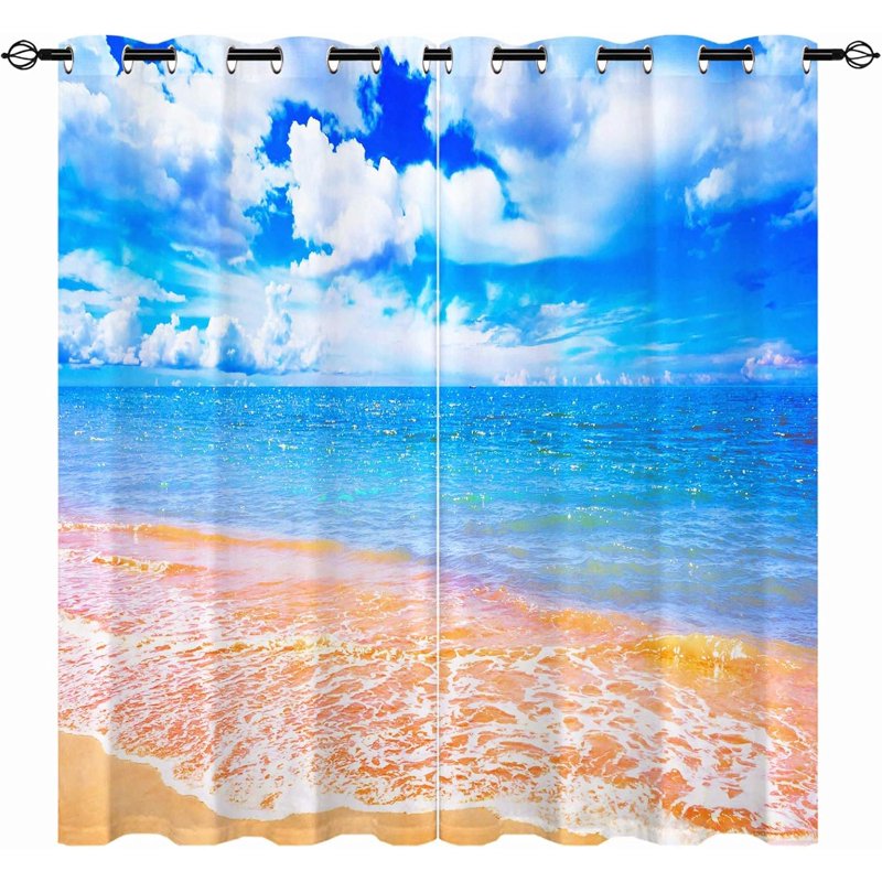 Beach Theme Tropical Ocean Wave Curtains - Waterproof Window Drapes for Bedroom & Living Room - 2 Panels
