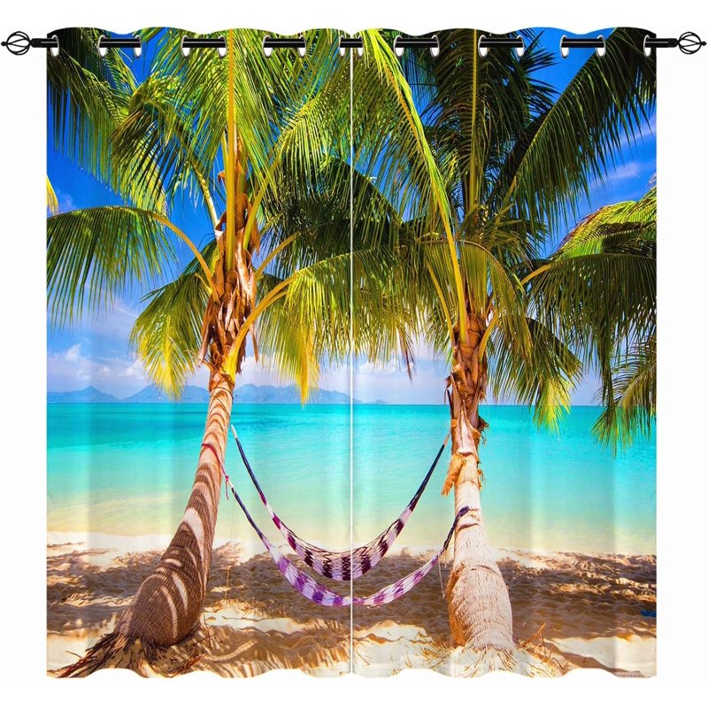 Beach Themed Waterproof Window Curtains with Tropical Palm Tree Ocean Landscape Pattern — Multi Sizes & Colors