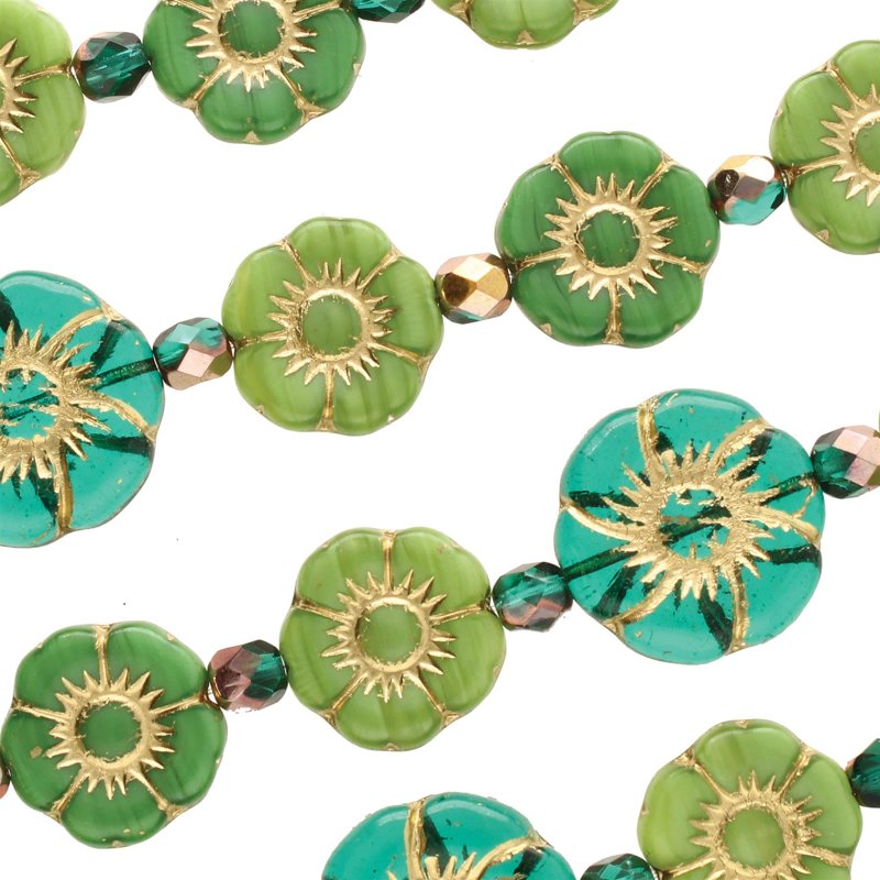 Czech Glass Bead Strands for Jewelry Making - Green Hibiscus Mix, 6x7 Inch, 15 Beads Per Strand