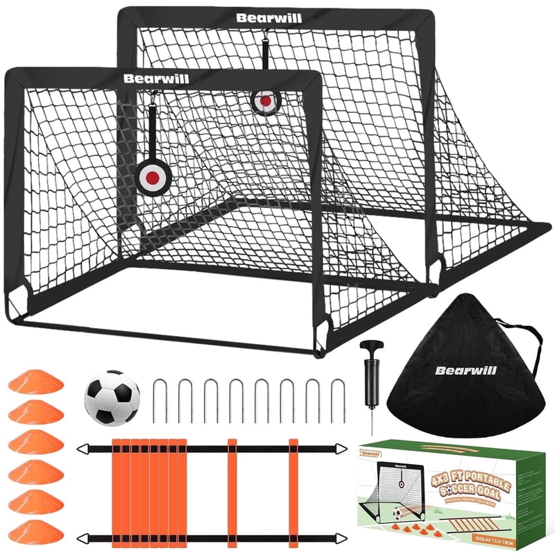 4x3 ft Kids Soccer Goal Set - Portable Pop-Up Goals with Ball, Cones, Ladder & Targets (2 Pack)