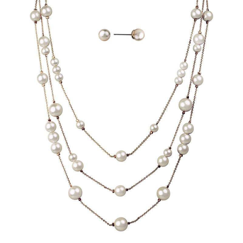 Adult Pearl Necklace and Earring Set in Rose Gold Plating