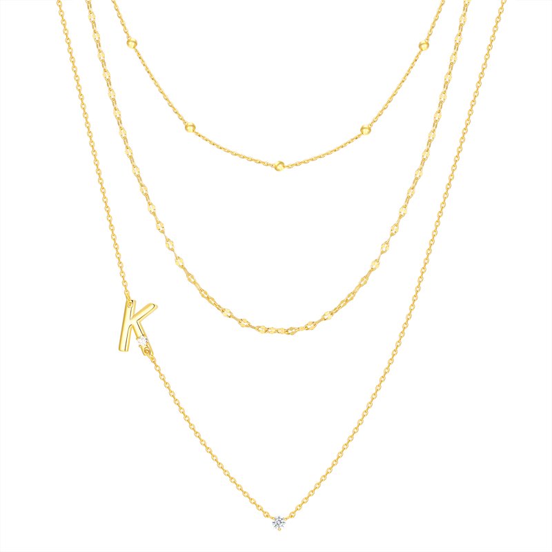 Initial Necklace Set with Cubic Zirconia and 14K Gold Flash Plating – Multiple Charms