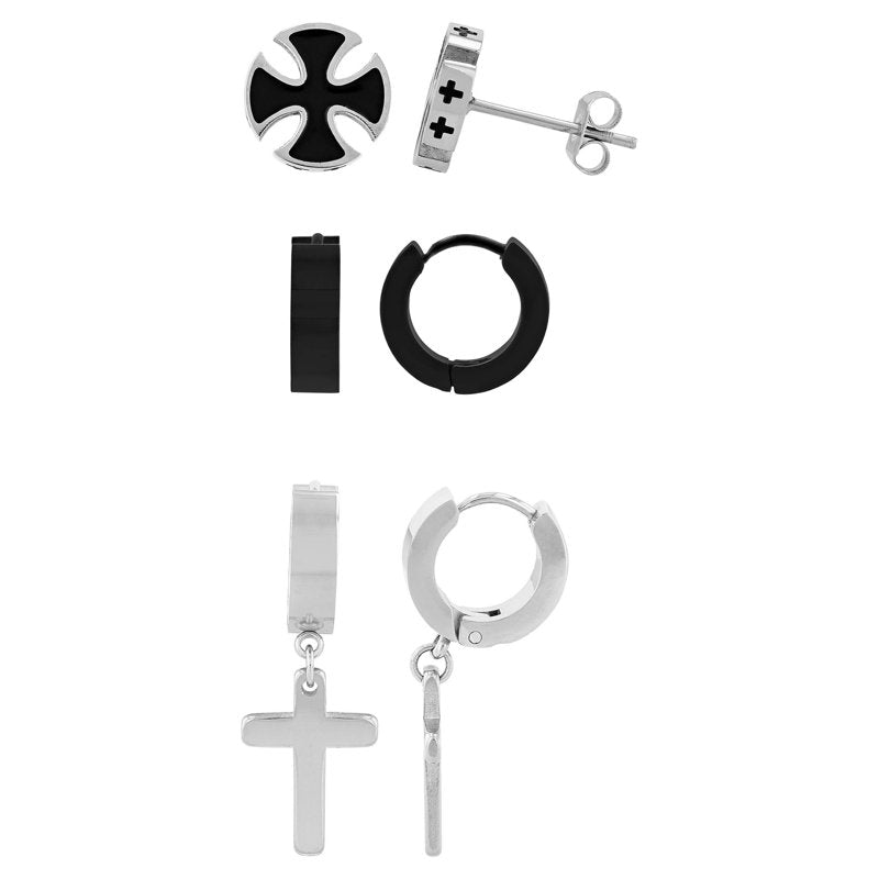 Men's Stainless Steel Earring Set - Cross, Hoop & Drop Styles, Gift Ready