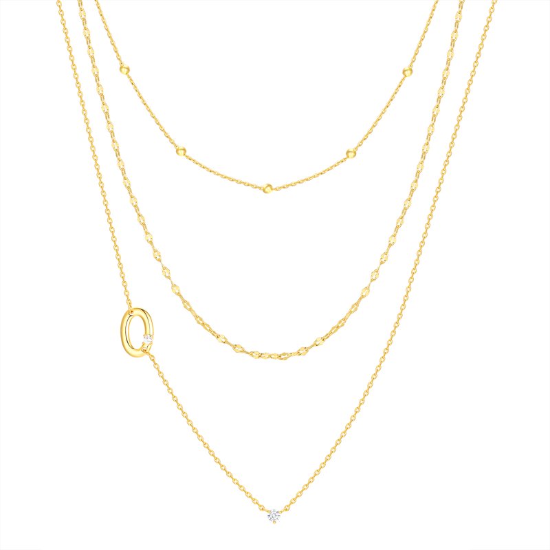Initial Necklace Set with 3 Gold Flash-Plated Chains and Cubic Zirconia - All Letters