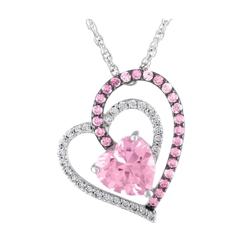Sterling Silver Heart Pendant Necklace with Pink Sapphire and CZ