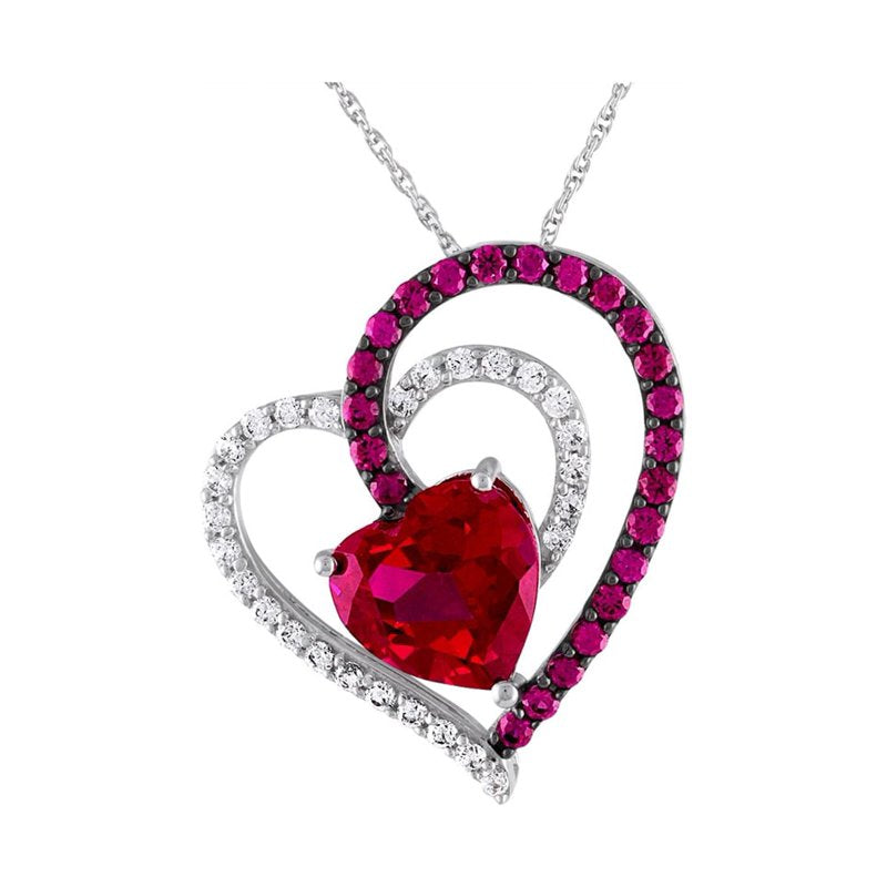 Sterling Silver Heart Pendant with Simulated Ruby & CZ Necklace Jewelry