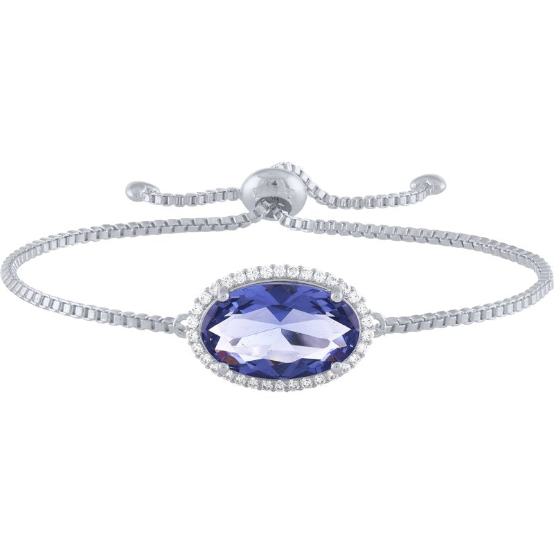 Sterling Silver Plated Tanzanite and CZ Oval Adjustable Bracelet