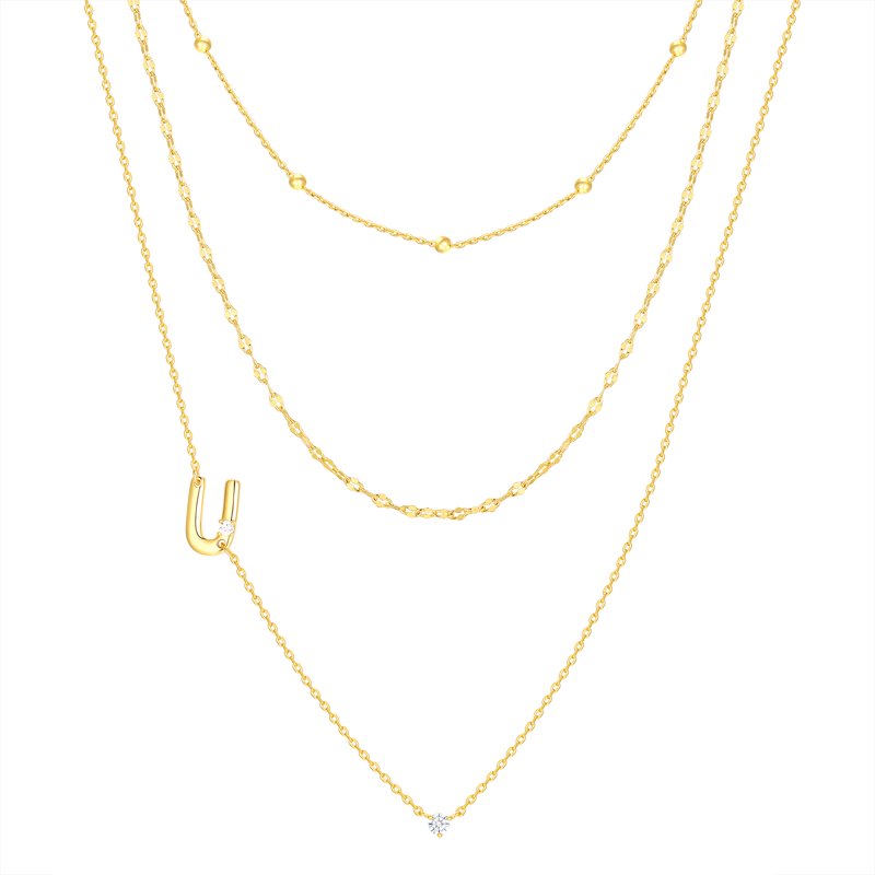 Initial Necklace Set in 14K Gold Flash Plated with Cubic Zirconia, Multiple Charms