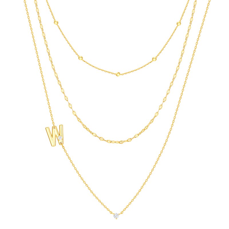 Gold Flash Plated Initial Necklace Set with Cubic Zirconia - 3 Layer Cute Jewelry