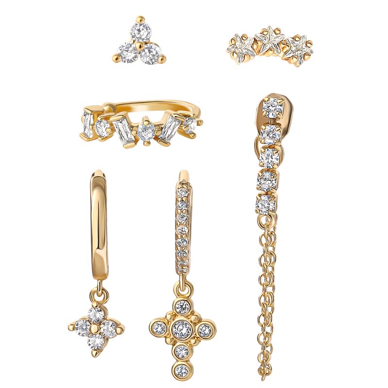 Women's 6-Piece Gold Flash Plated Cubic Zirconia Earring Set - Hypoallergenic & Versatile