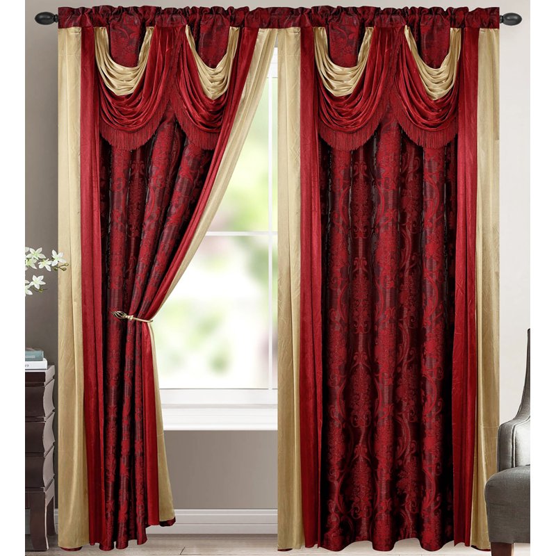 Jacquard Curtain Panel with Waterfall Valance and Attached Scarf - Burgundy, 54x84 Inches