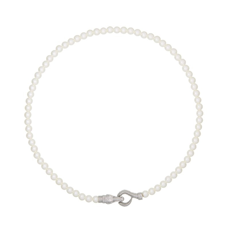Silver Pearl Necklace with Croc Closure - Unisex Adult Jewelry