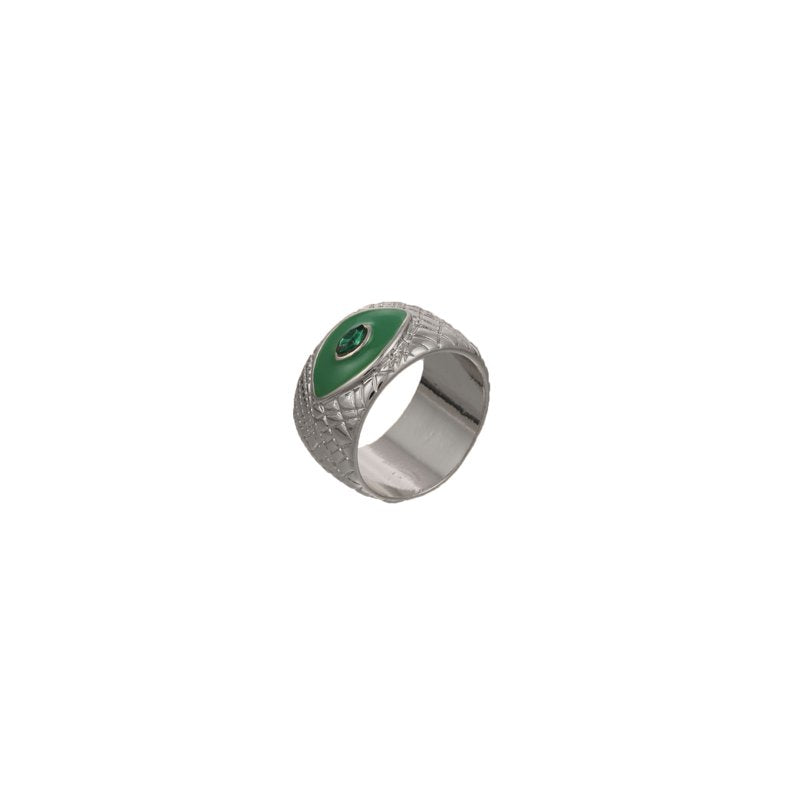 Unisex Silver Evil Eye Cigar Band Ring with Crocodile Texture - Size 9