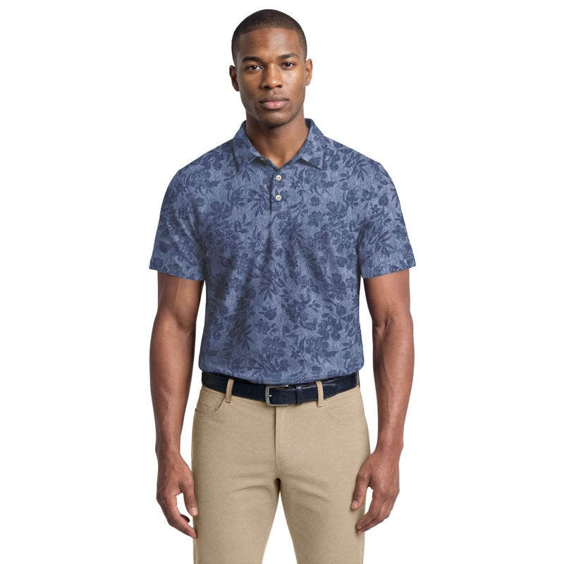Men's Textured Floral Polo Shirt with Moisture-Wicking & Stretch