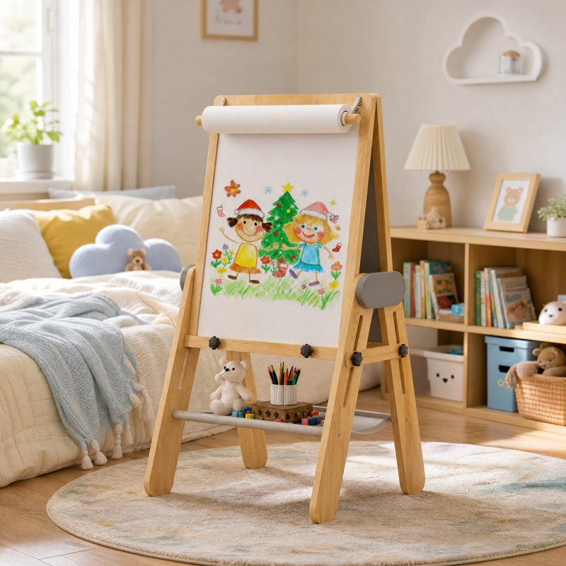 Kids Wooden Art Easel with Magnetic Whiteboard & Storage - Adjustable & Foldable