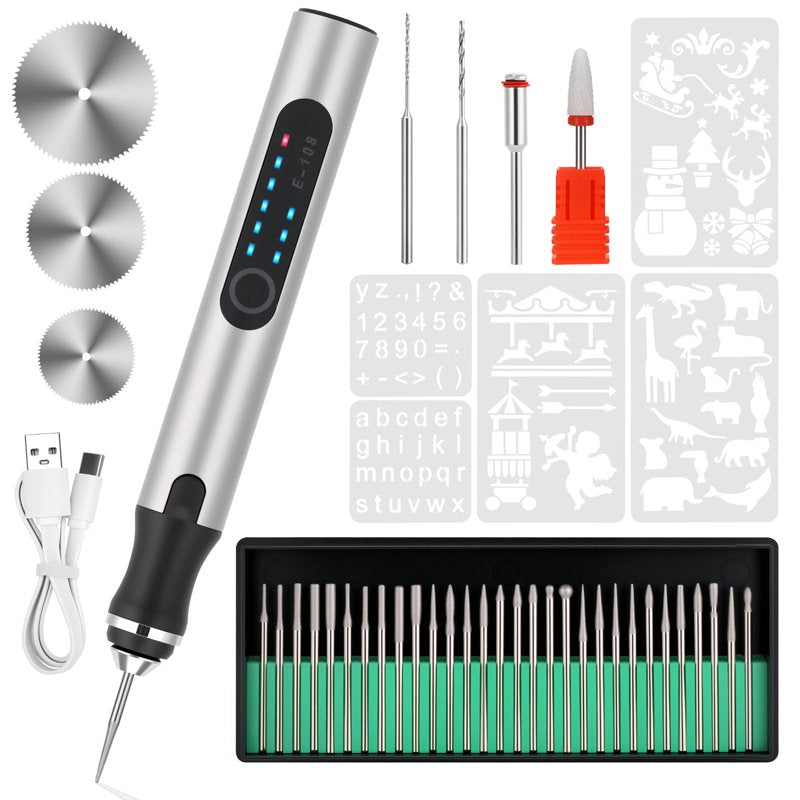 Cordless Engraving Pen Kit with 48 Bits & 4 Stencils - USB-C Rechargeable, Metal & Wood Engraver