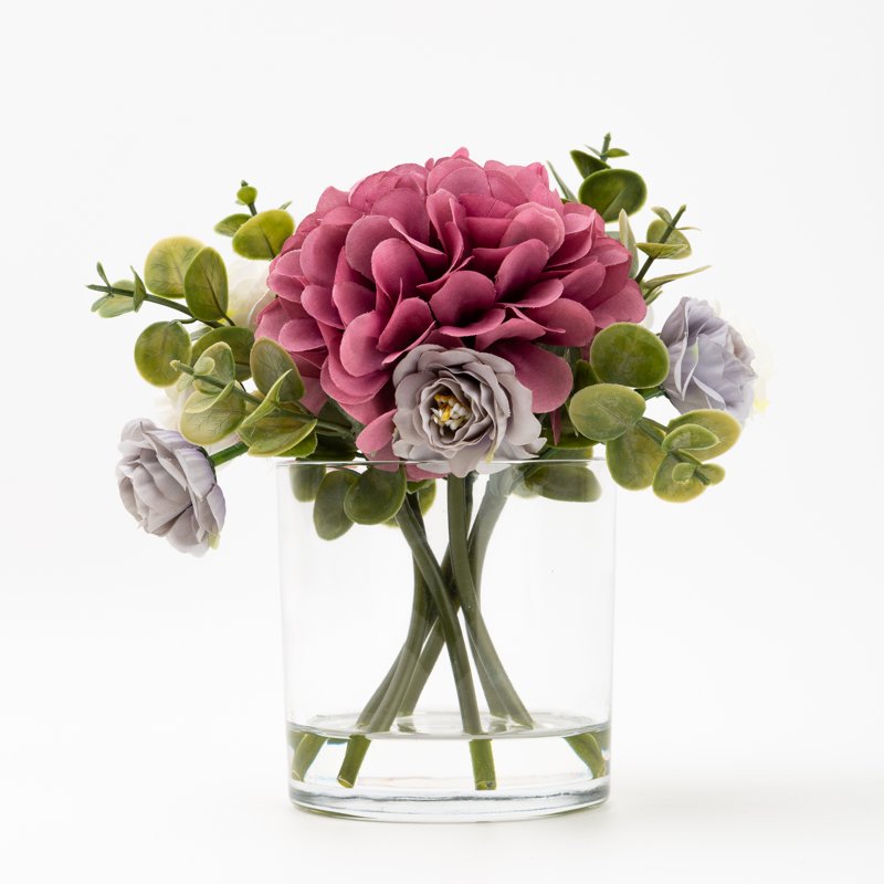 Faux Hydrangea and Eucalyptus Floral Arrangement in Clear Glass Vase - Indoor Decor