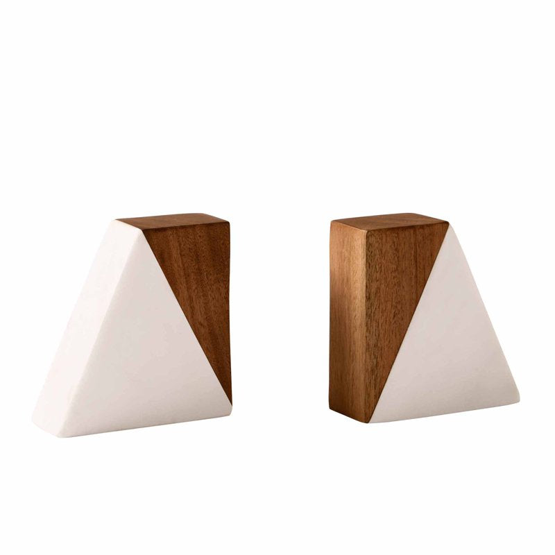 Wood and Marble Bookends Set - Elegant Home Decor for Bookshelf