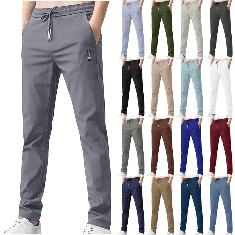 Men's Slim Straight Drawstring Pants with Pockets - Lightweight Casual Dress Pants