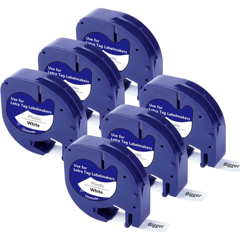 Label Maker Tape 0.47" x 13 ft Black on White 6 Pack - Compatible with Dymo Letratag