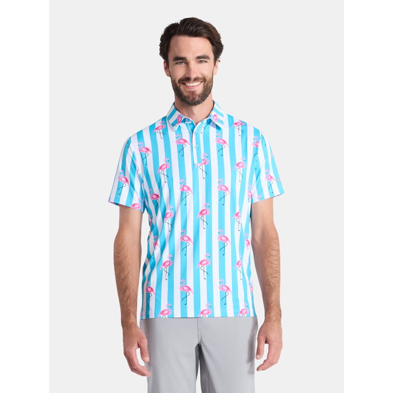 Men's Polo Shirt with Flamingo Print UPF 50+ Sun Protection, 4-Way Stretch