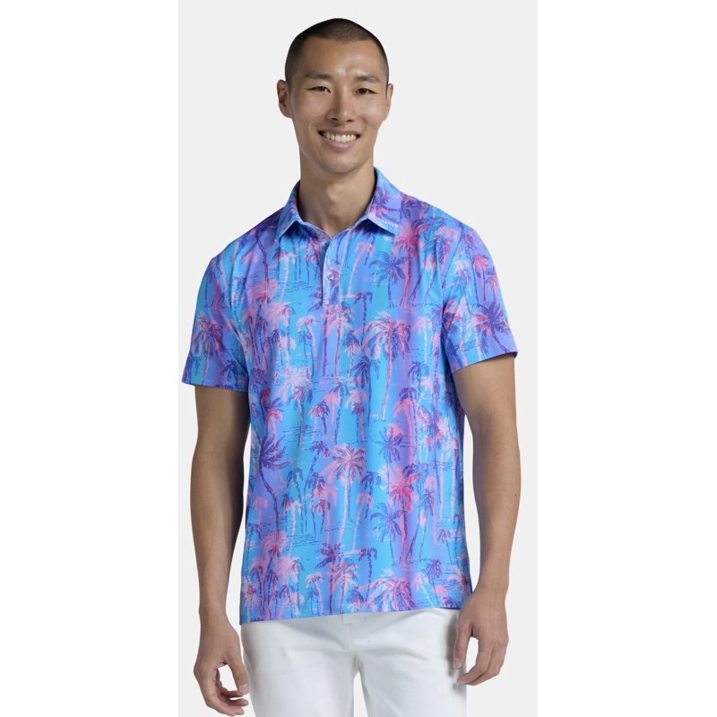 Birdie Bound Men’s Novelty Palm Print Golf Polo Shirt – Sizes S-5XL, Digital Lavender Palm XL