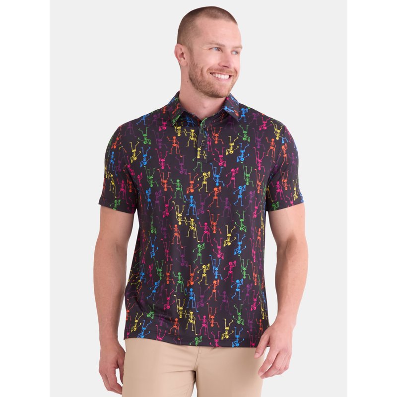 Neon Skeleton Golf Polo Shirt for Men - Short Sleeve Performance Activewear