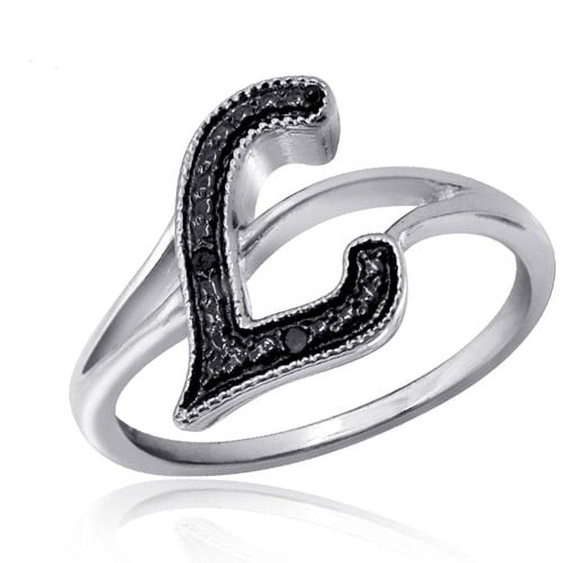 Sterling Silver Initial Ring with Black Diamond Accents – Adjustable Sizes