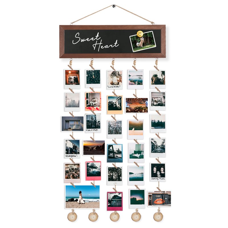 Rustic Black Hanging Photo Display with Chalkboard and Clips Wall Decor