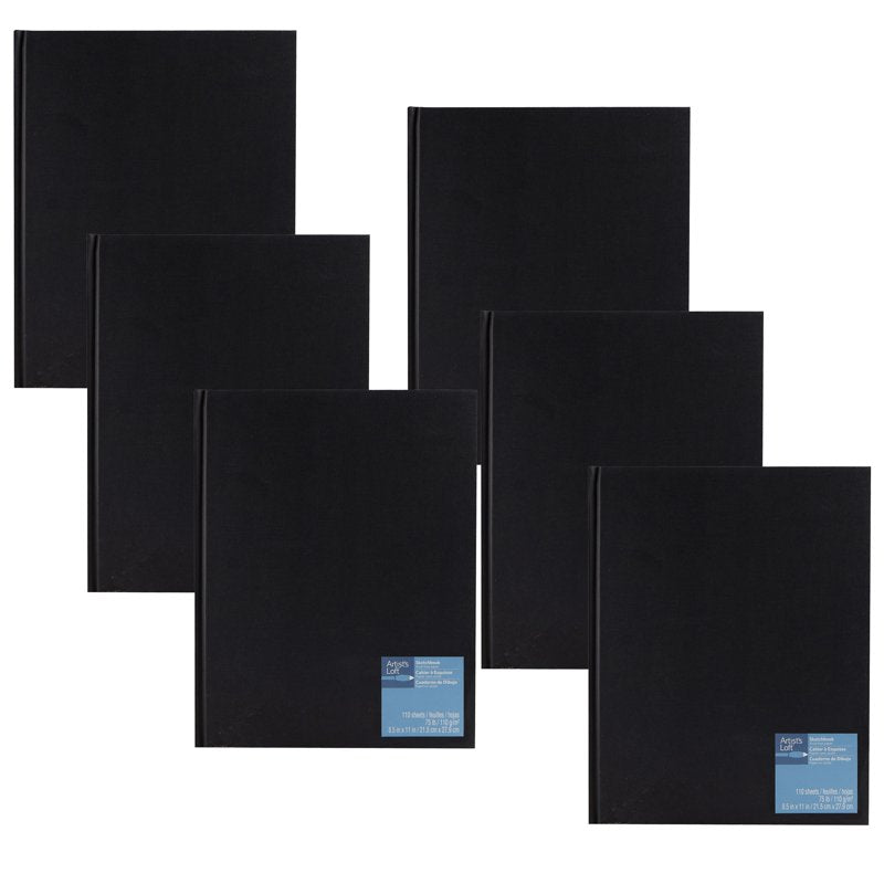 Black Hardcover Sketchbook Set - Acid-Free, Smudge Resistant Paper, 8.5 x 11 Inches, 6 Pack