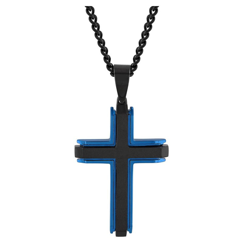 Men's Black and Blue Stainless Steel Cross Pendant Necklace - 24 Inch Chain