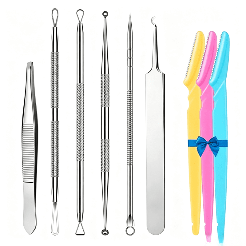 9-in-1 Blackhead Remover Tool Kit with Diagonal Tweezers - Stainless Steel