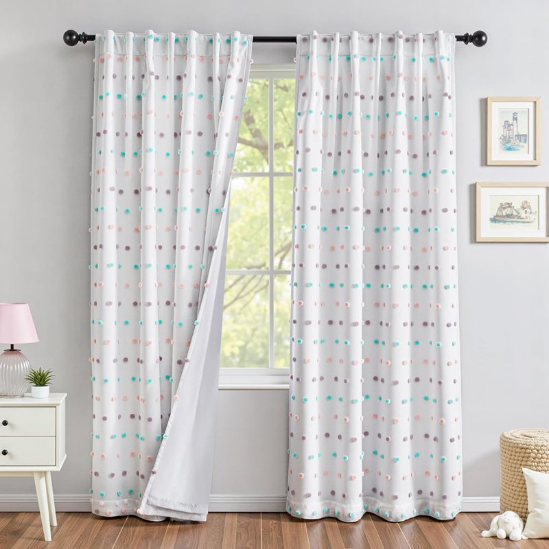 Blackout Curtains 52 x 84 Inches Pack of 2 with Sheer Pom Pom Double Layer