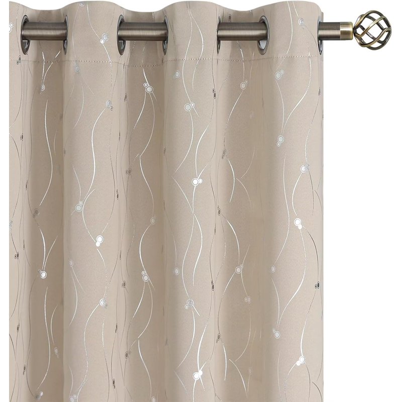 Blackout Curtains 72 Inch Length Set - Thermal Insulated Grommet Drapes with Wave Line & Dots Pattern