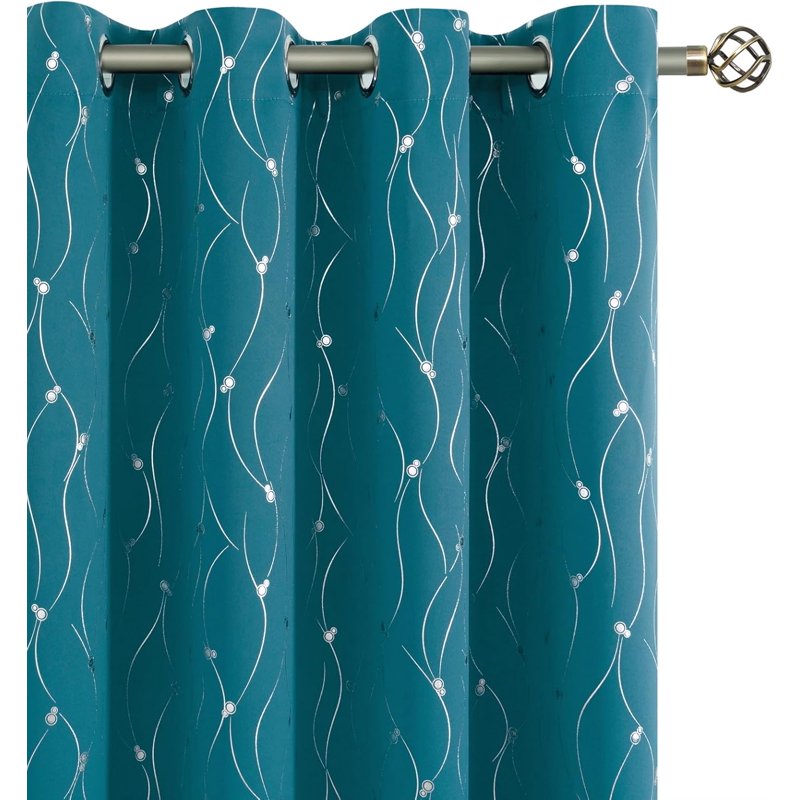 Blackout Room Darkening Curtains Set - Insulated Grommet Window Panels with Wave Dots Pattern