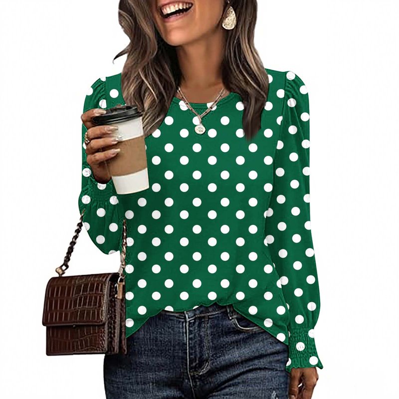 Polka Dot Flowy Blouses for Women - Relaxed Army Green Work Shirts, Crew Neck Long Sleeve