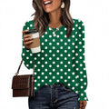 Polka Dot Flowy Blouses for Women - Relaxed Army Green Work Shirts, Crew Neck Long Sleeve