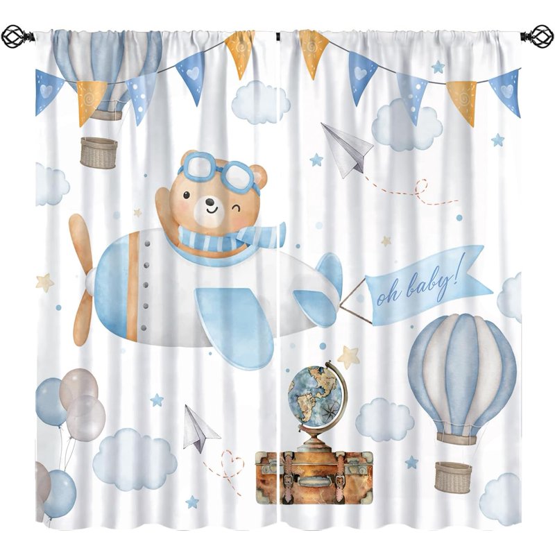 Kids Bedroom Curtains - Pastel Bear Cloud Adventure Window Drapes, 2 Panels