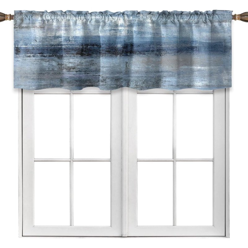 Blue Grey Kitchen Valances for Windows - Abstract Art Window Treatment - 18x52 Inches