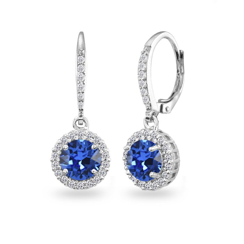 Sterling Silver Blue Halo Dangle Earrings with Swarovski Crystals